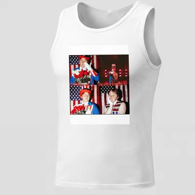 Lewis Capaldi t-shirt with a patriotic collage and the text America's Sweetheart — printed on a tank top