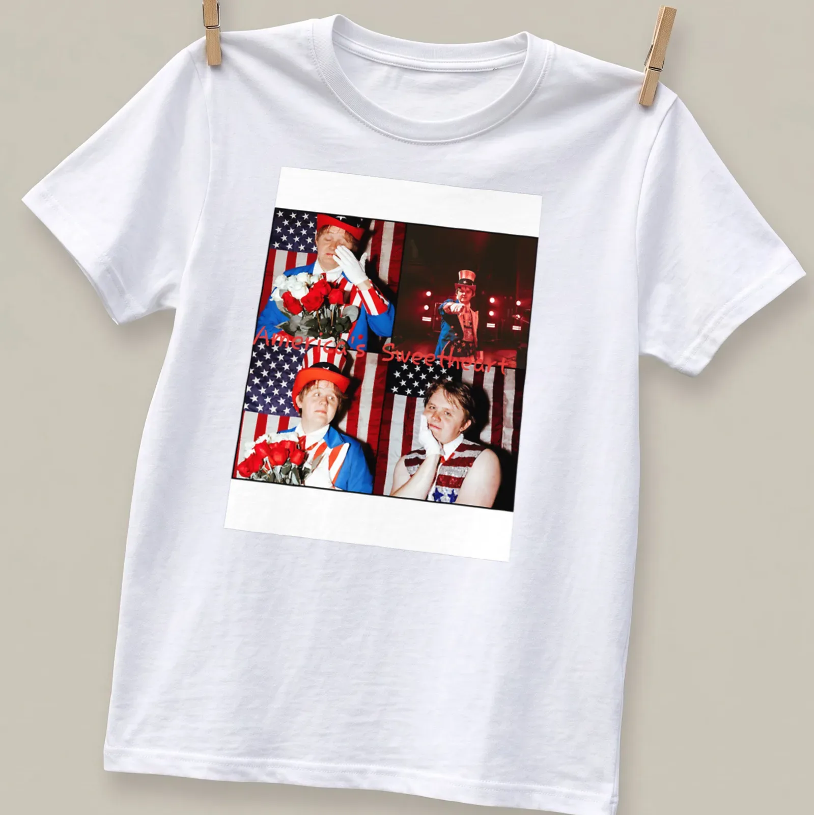 Lewis Capaldi t-shirt with a patriotic collage and the text America's Sweetheart — printed on a unisex t-shirt