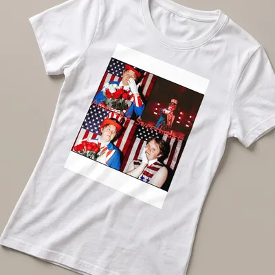 Lewis Capaldi t-shirt with a patriotic collage and the text America's Sweetheart — printed on a women's shirt