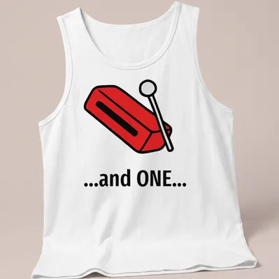 Bold cartoon t-shirt featuring woodblock design and the text '...and ONE...' in red and black — printed on a tank top