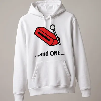 Bold cartoon t-shirt featuring woodblock design and the text '...and ONE...' in red and black — printed on a unisex hoodie