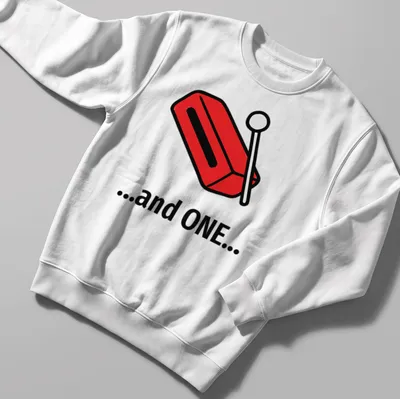 Bold cartoon t-shirt featuring woodblock design and the text '...and ONE...' in red and black — printed on a unisex sweatshirt