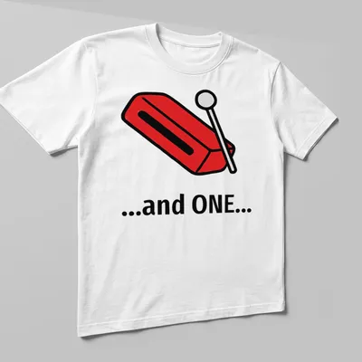 Bold cartoon t-shirt featuring woodblock design and the text '...and ONE...' in red and black — printed on a unisex t-shirt (angled view)