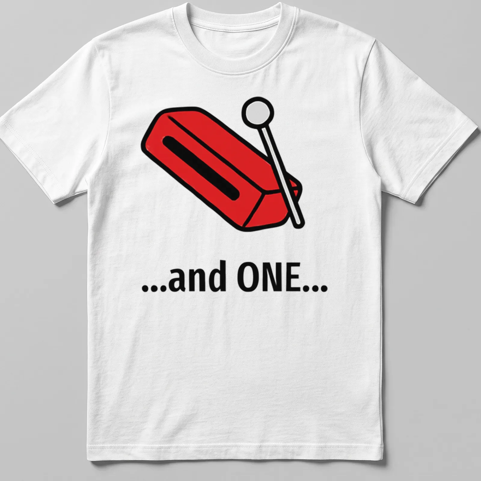 Bold cartoon t-shirt featuring woodblock design and the text '...and ONE...' in red and black — printed on a unisex t-shirt