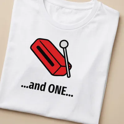 Bold cartoon t-shirt featuring woodblock design and the text '...and ONE...' in red and black — printed on a women's shirt