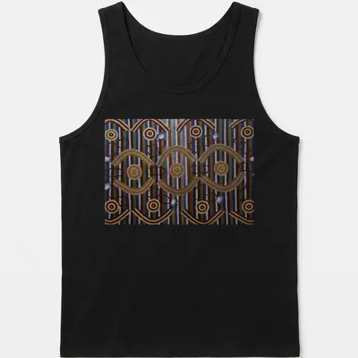 Ceremonial designs with text representing Anmatyerre culture in vibrant colors. — printed on a tank top