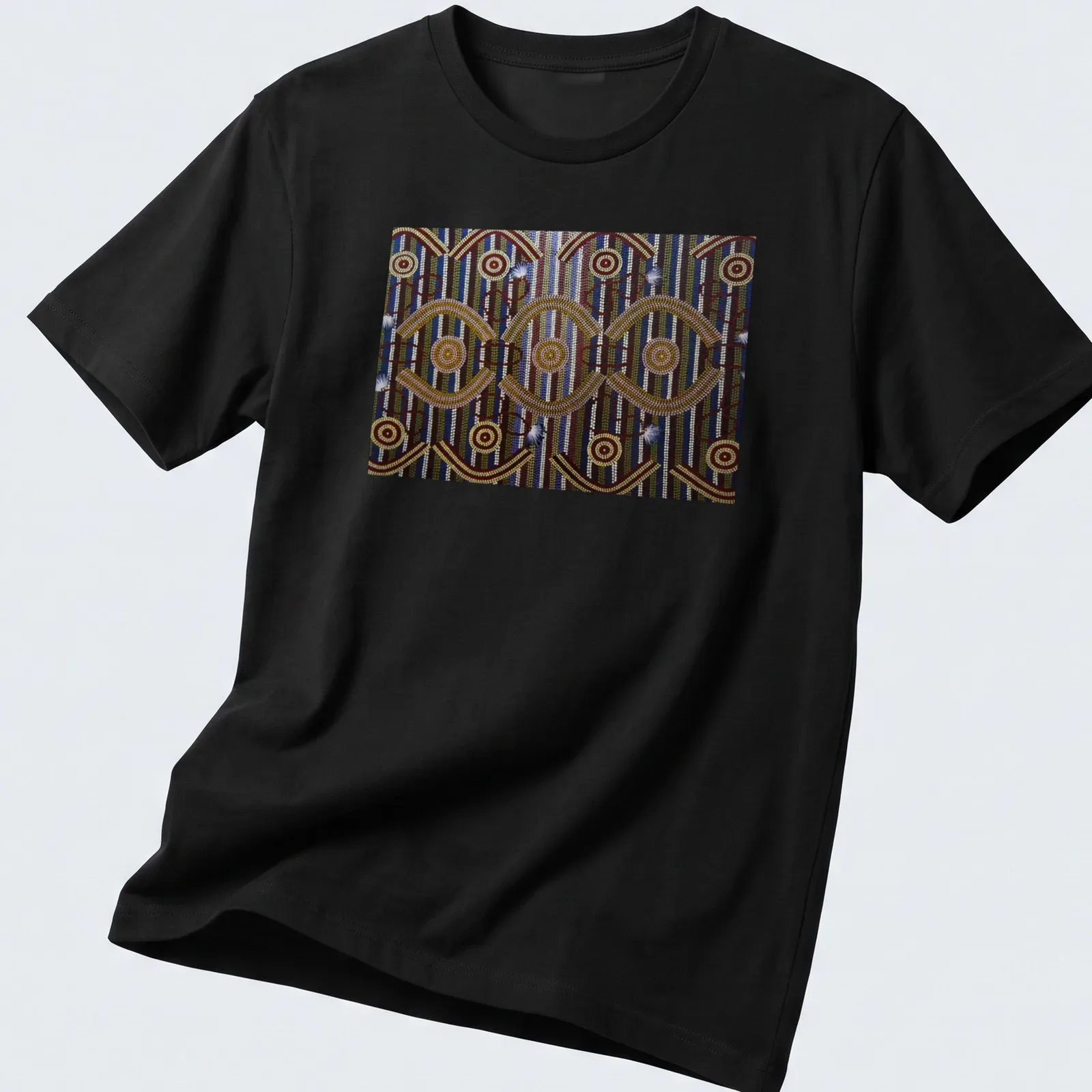 Ceremonial designs with text representing Anmatyerre culture in vibrant colors. — printed on a unisex t-shirt