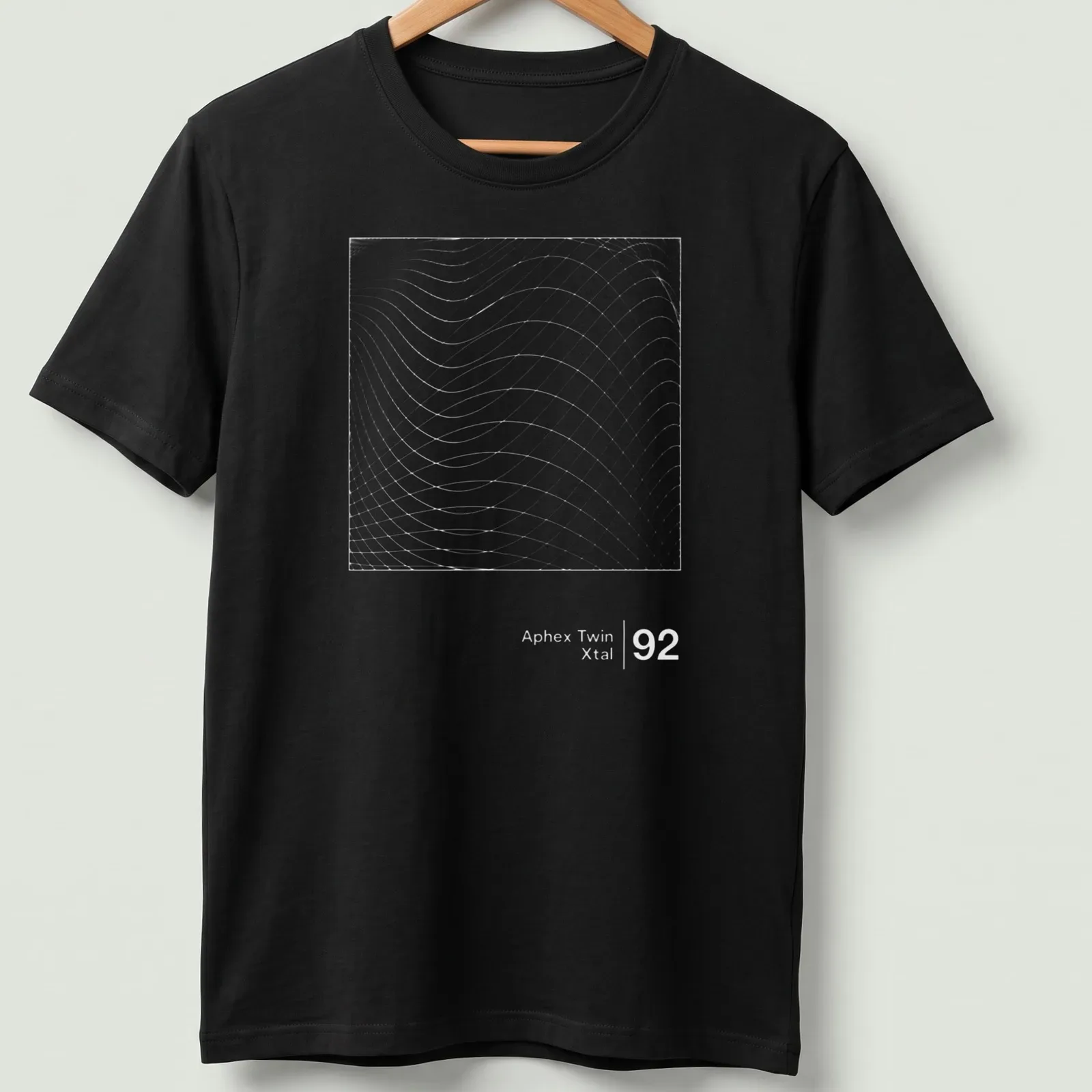 Minimalist Aphex Twin Xtal 92 t-shirt featuring a waveform pattern in light gray and white. — printed on a unisex t-shirt