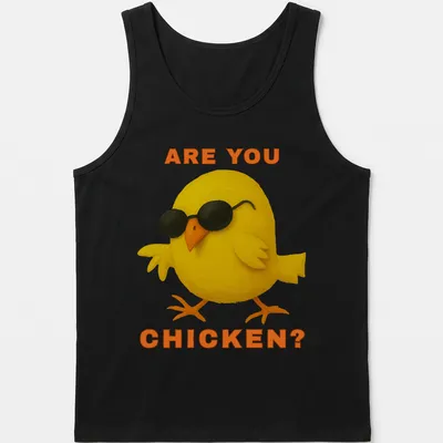 Playful illustration of a cool chick with sunglasses and text 'ARE YOU CHICKEN?' — printed on a tank top