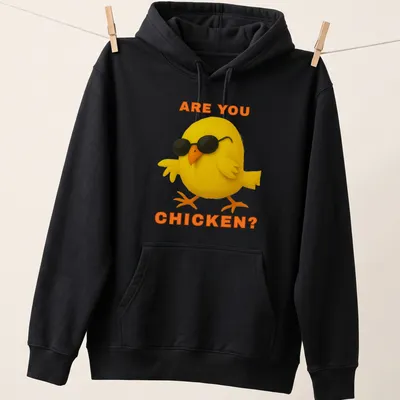 Playful illustration of a cool chick with sunglasses and text 'ARE YOU CHICKEN?' — printed on a unisex hoodie