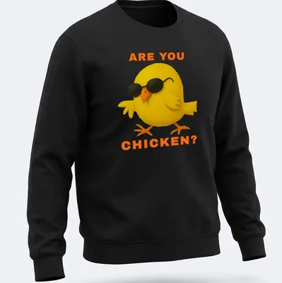 Playful illustration of a cool chick with sunglasses and text 'ARE YOU CHICKEN?' — printed on a unisex sweatshirt