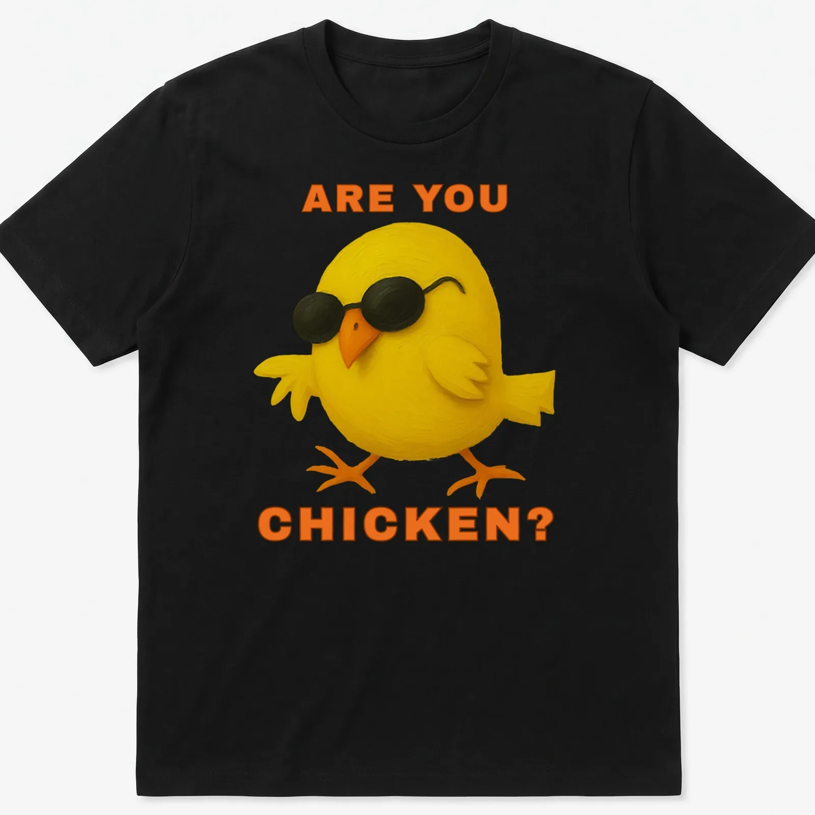 Playful illustration of a cool chick with sunglasses and text 'ARE YOU CHICKEN?' — printed on a unisex t-shirt