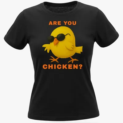 Playful illustration of a cool chick with sunglasses and text 'ARE YOU CHICKEN?' — printed on a women's shirt