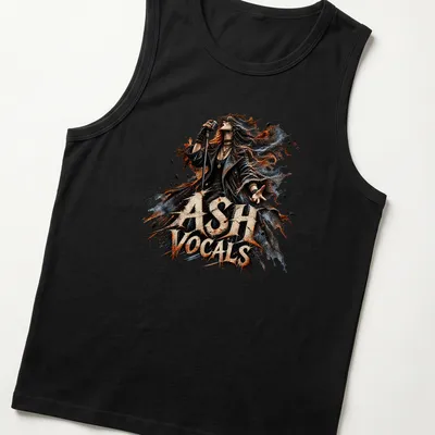 Illustration of a singer with a microphone, featuring the text 'ASH VOCALS' in bold colors. — printed on a tank top