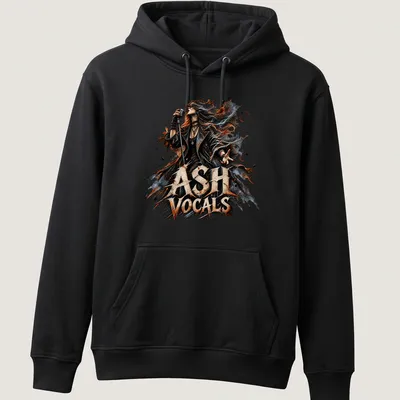 Illustration of a singer with a microphone, featuring the text 'ASH VOCALS' in bold colors. — printed on a unisex hoodie