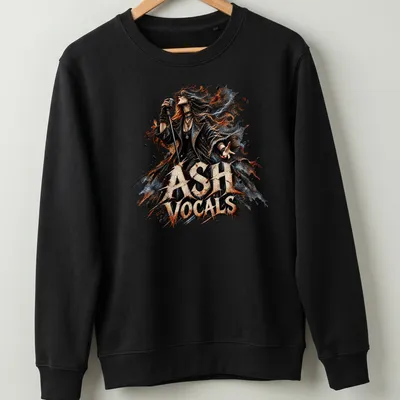 Illustration of a singer with a microphone, featuring the text 'ASH VOCALS' in bold colors. — printed on a unisex sweatshirt