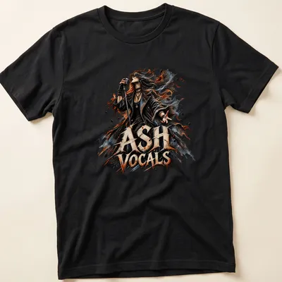 Illustration of a singer with a microphone, featuring the text 'ASH VOCALS' in bold colors. — printed on a unisex t-shirt