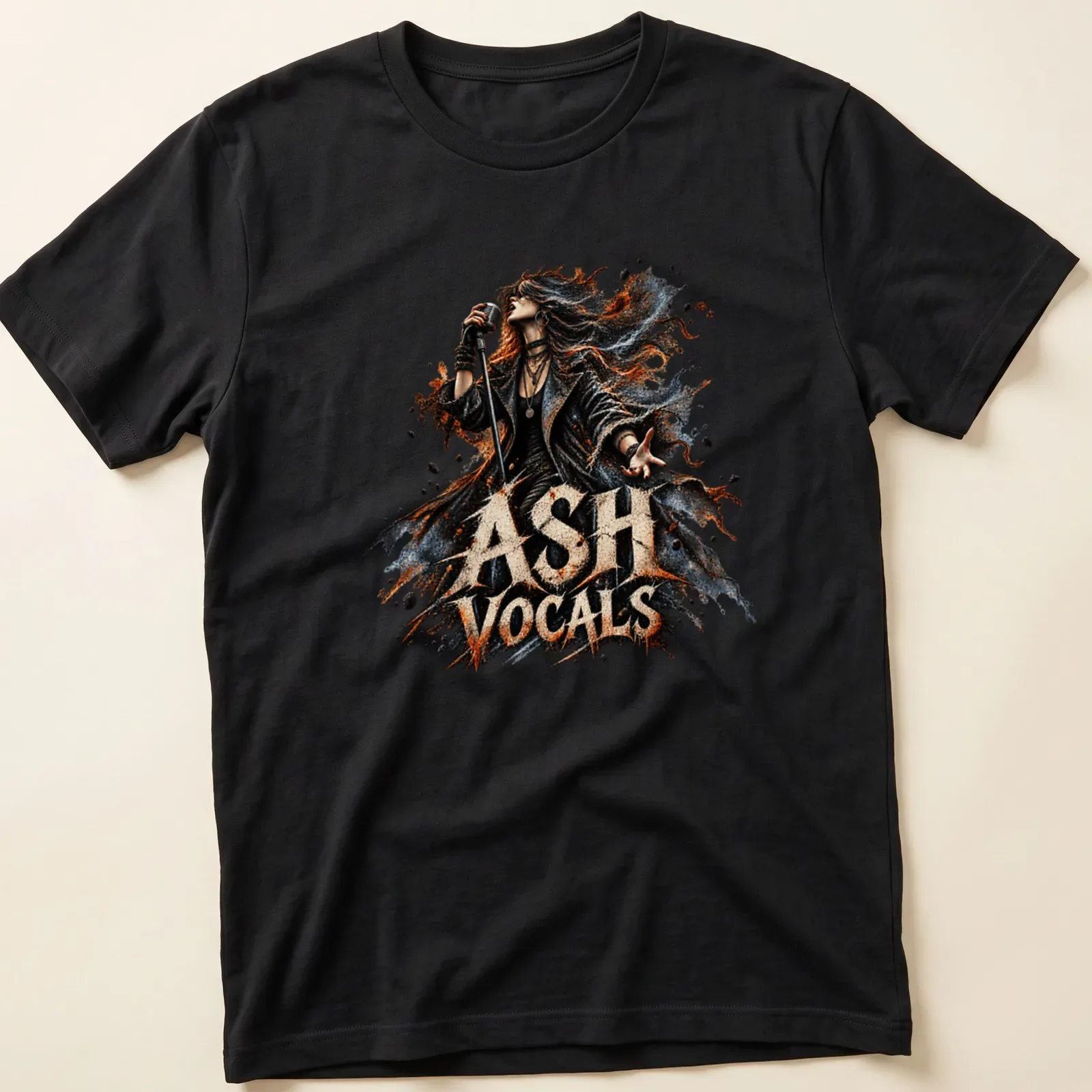Illustration of a singer with a microphone, featuring the text 'ASH VOCALS' in bold colors. — printed on a unisex t-shirt