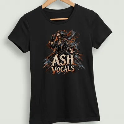 Illustration of a singer with a microphone, featuring the text 'ASH VOCALS' in bold colors. — printed on a women's shirt