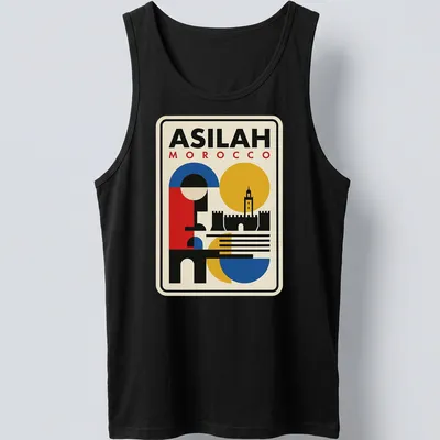 Bauhaus-style geometric skyline of Asilah, Morocco with bold colors and text. — printed on a tank top