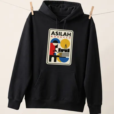Bauhaus-style geometric skyline of Asilah, Morocco with bold colors and text. — printed on a unisex hoodie