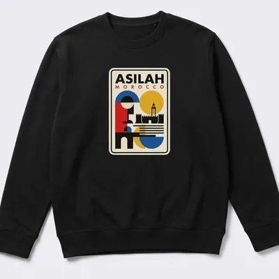 Bauhaus-style geometric skyline of Asilah, Morocco with bold colors and text. — printed on a unisex sweatshirt