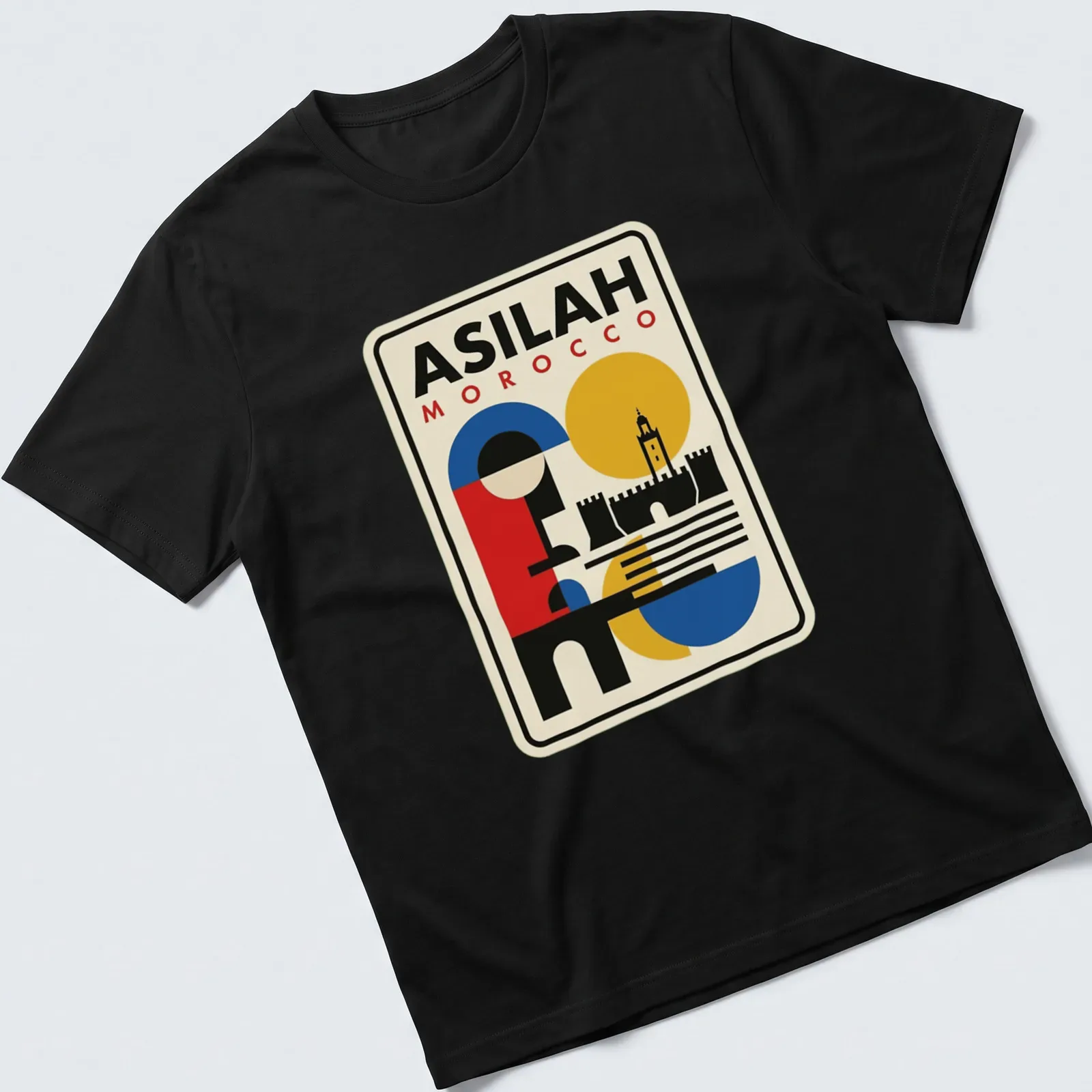 Bauhaus-style geometric skyline of Asilah, Morocco with bold colors and text. — printed on a unisex t-shirt