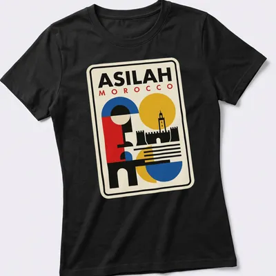 Bauhaus-style geometric skyline of Asilah, Morocco with bold colors and text. — printed on a women's shirt