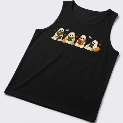 Kawaii illustration of two ghosts reading books among autumn leaves — printed on a tank top