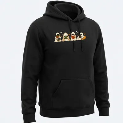 Kawaii illustration of two ghosts reading books among autumn leaves — printed on a unisex hoodie