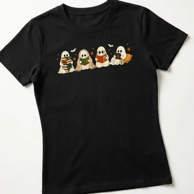 Kawaii illustration of two ghosts reading books among autumn leaves — printed on a women's shirt