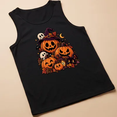 Kawaii-style shirt featuring pumpkins and ghosts with autumn-themed text — printed on a tank top
