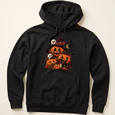 Kawaii-style shirt featuring pumpkins and ghosts with autumn-themed text — printed on a unisex hoodie