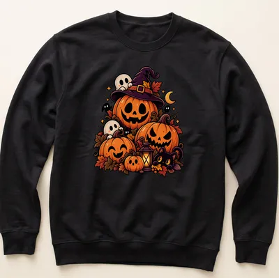 Kawaii-style shirt featuring pumpkins and ghosts with autumn-themed text — printed on a unisex sweatshirt