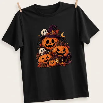 Kawaii-style shirt featuring pumpkins and ghosts with autumn-themed text
