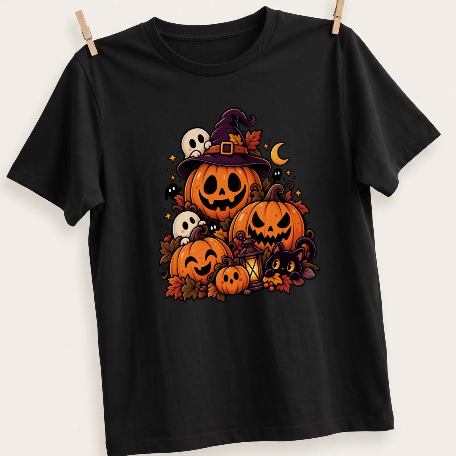 Kawaii-style shirt featuring pumpkins and ghosts with autumn-themed text — printed on a unisex t-shirt