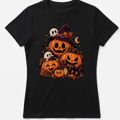 Kawaii-style shirt featuring pumpkins and ghosts with autumn-themed text — printed on a women's shirt