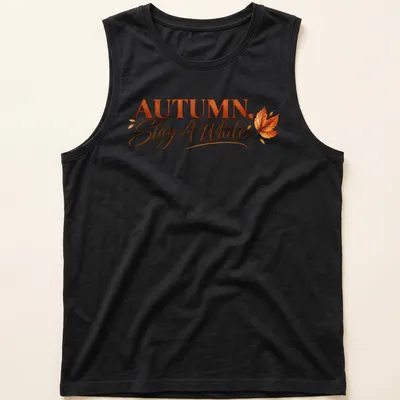 Script font autumn quote t-shirt featuring colorful leaves — printed on a tank top