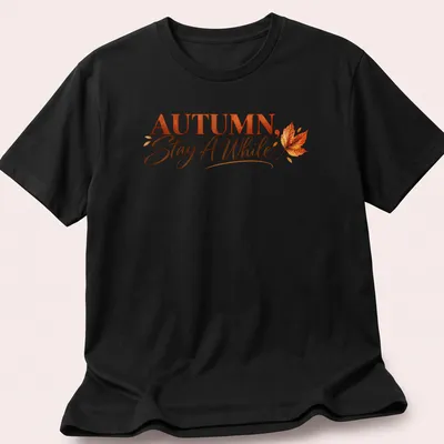 Script font autumn quote t-shirt featuring colorful leaves
