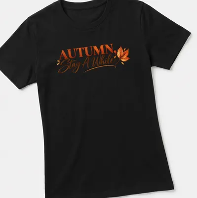 Script font autumn quote t-shirt featuring colorful leaves — printed on a women's shirt