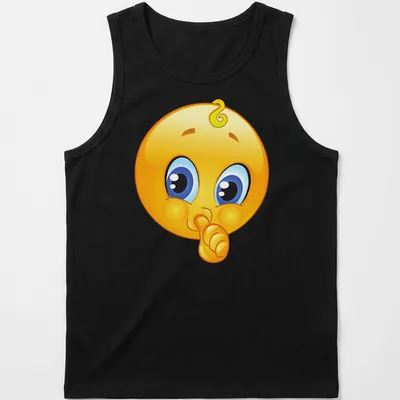 Cartoon baby emoji with shushing face in yellow, blue, black, and white — printed on a tank top