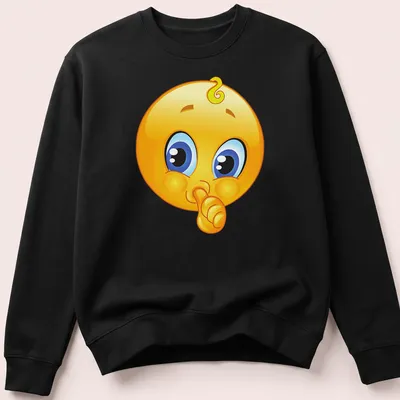 Cartoon baby emoji with shushing face in yellow, blue, black, and white — printed on a unisex sweatshirt