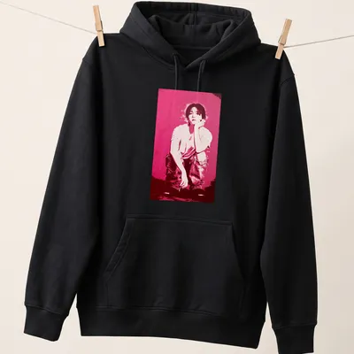 Pop art portrait of Baekhyun in pink, black, and white colors. — printed on a unisex hoodie