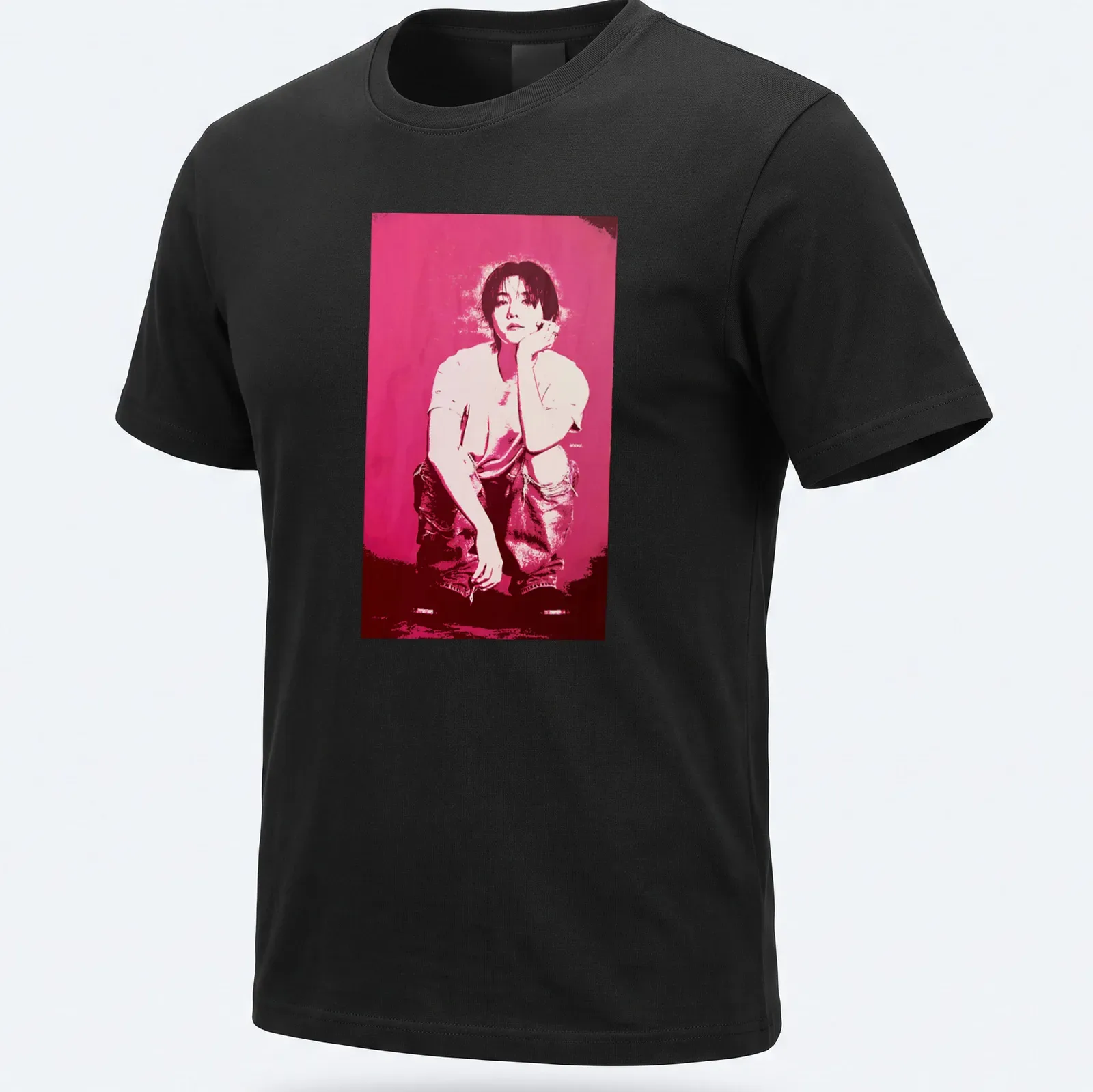 Pop art portrait of Baekhyun in pink, black, and white colors. — printed on a unisex t-shirt