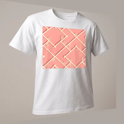 Chinoiserie bamboo lattice pattern in peach, coral, and cream shades — printed on a unisex t-shirt (angled view)