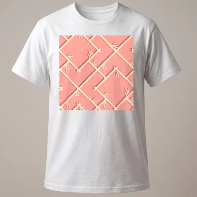Chinoiserie bamboo lattice pattern in peach, coral, and cream shades — printed on a unisex t-shirt