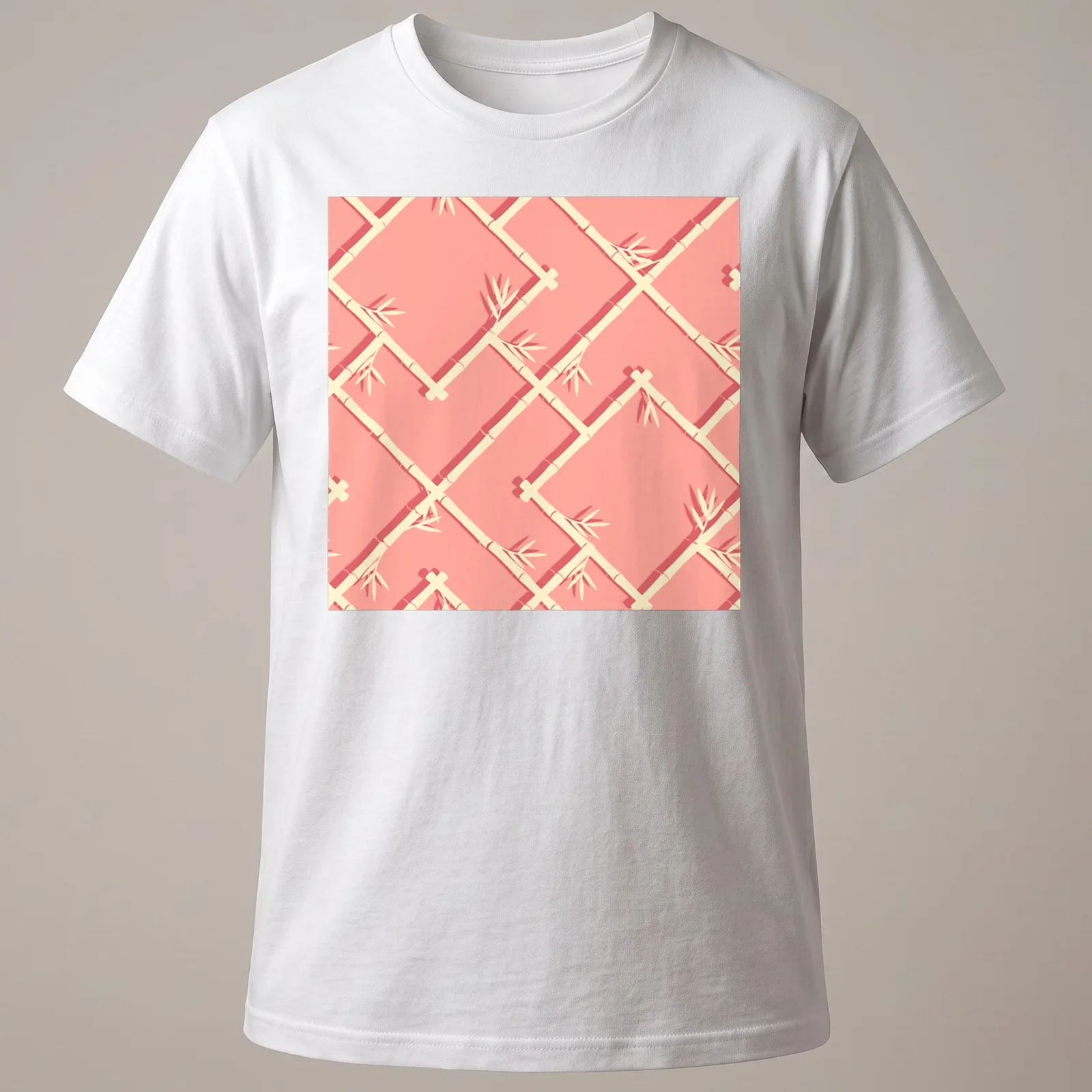 Chinoiserie bamboo lattice pattern in peach, coral, and cream shades — printed on a unisex t-shirt