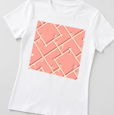 Chinoiserie bamboo lattice pattern in peach, coral, and cream shades — printed on a women's shirt