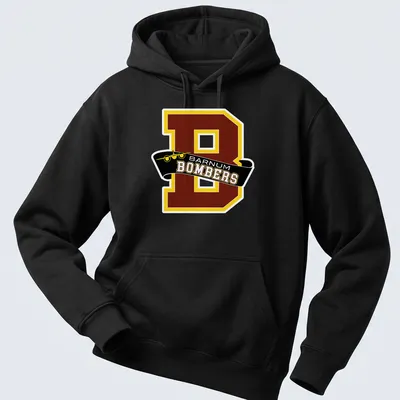 Bold collegiate Barnum Bombers t-shirt featuring a Letter B and an airplane — printed on a unisex hoodie