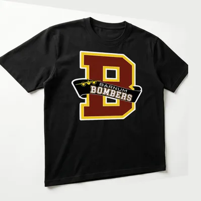 Bold collegiate Barnum Bombers t-shirt featuring a Letter B and an airplane — printed on a unisex t-shirt (angled view)